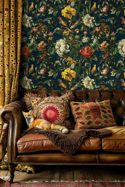 Deep Black Vintage Floral and Birds Wallpaper