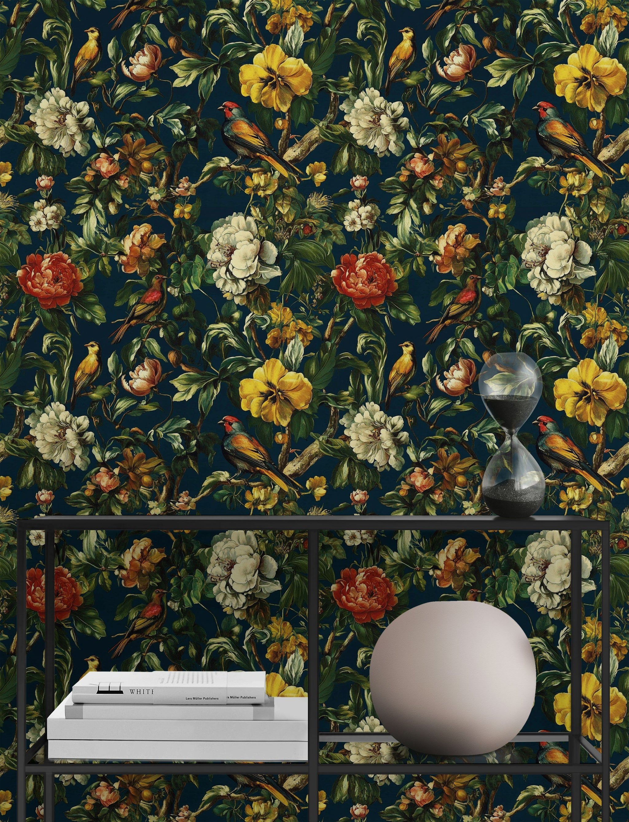 Deep Black Vintage Floral and Birds Wallpaper