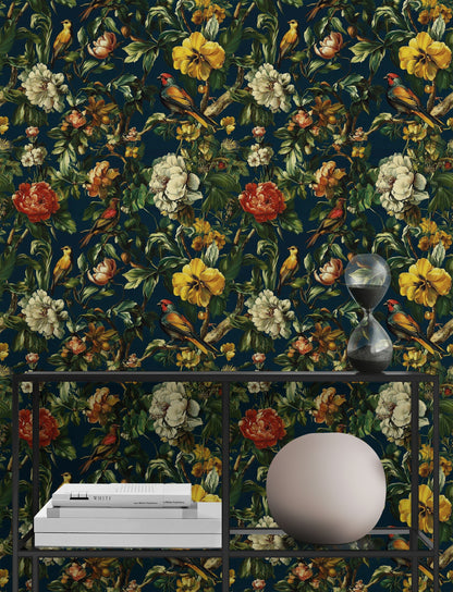 Deep Black Vintage Floral and Birds Wallpaper