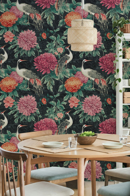 Dark Floral and Crane Vintage Wallpaper