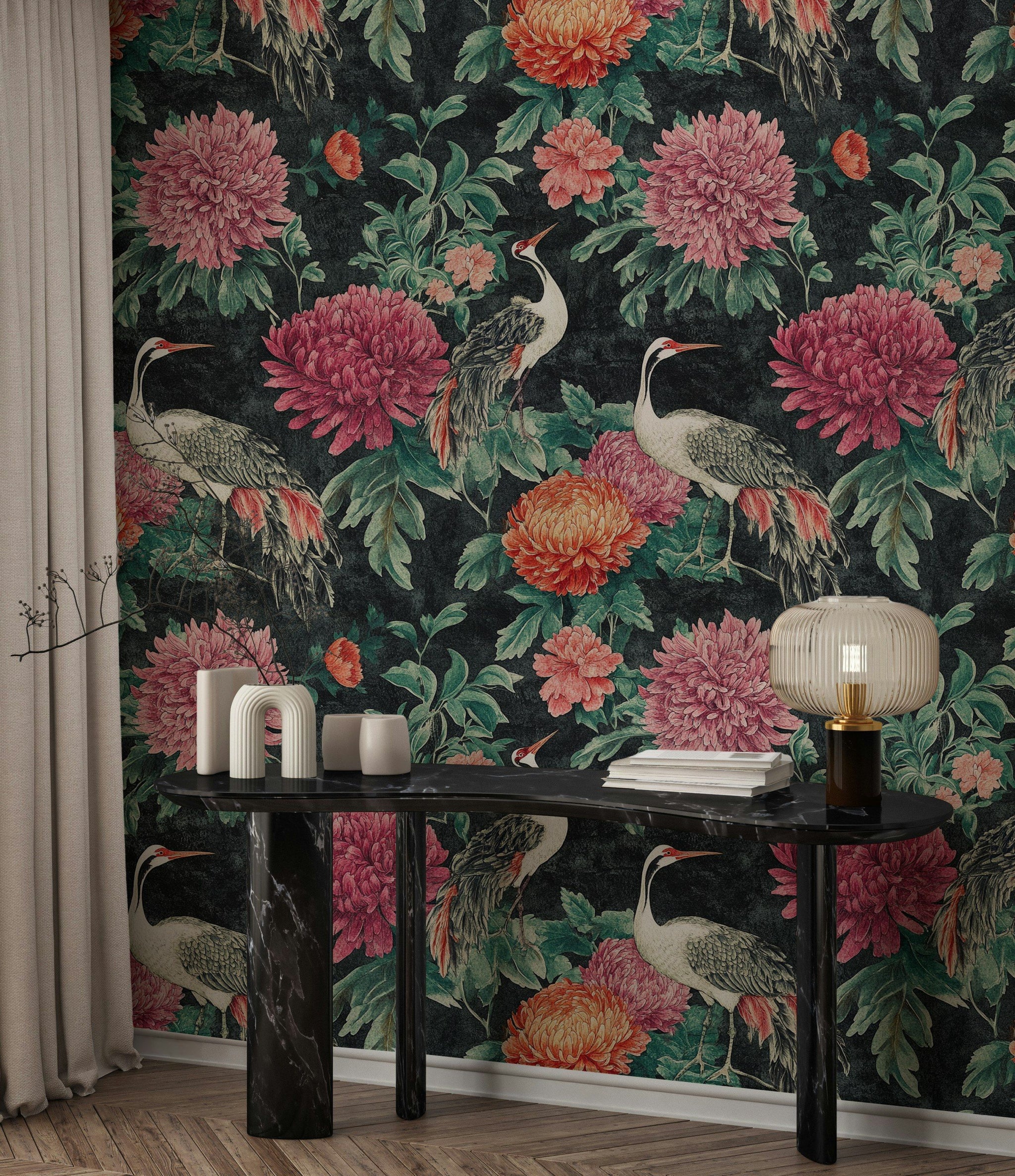 Dark Floral and Crane Vintage Wallpaper