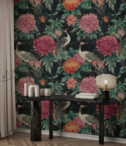 Dark Floral and Crane Vintage Wallpaper
