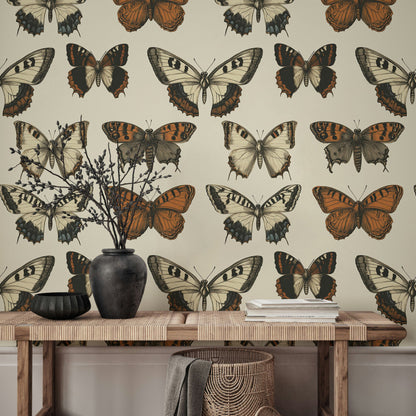 Beige and Orange Butterfly Pattern Wallpaper