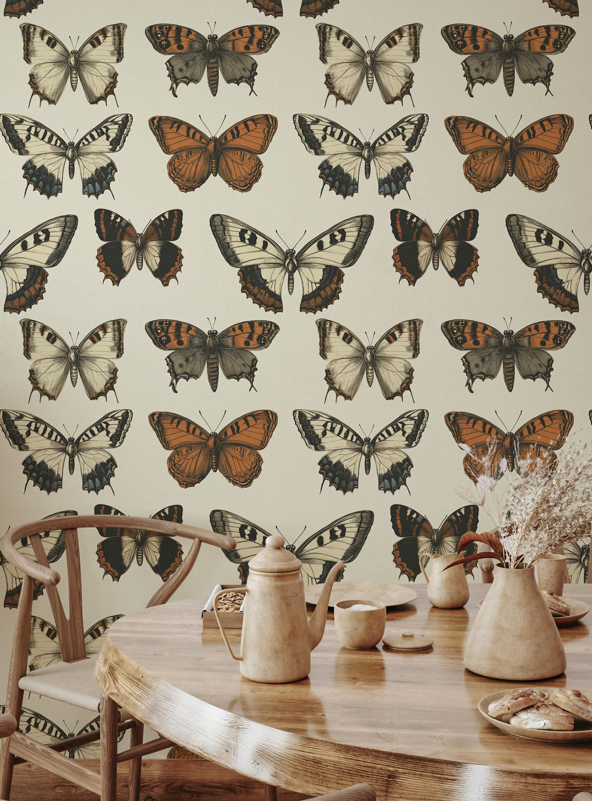 Beige and Orange Butterfly Pattern Wallpaper