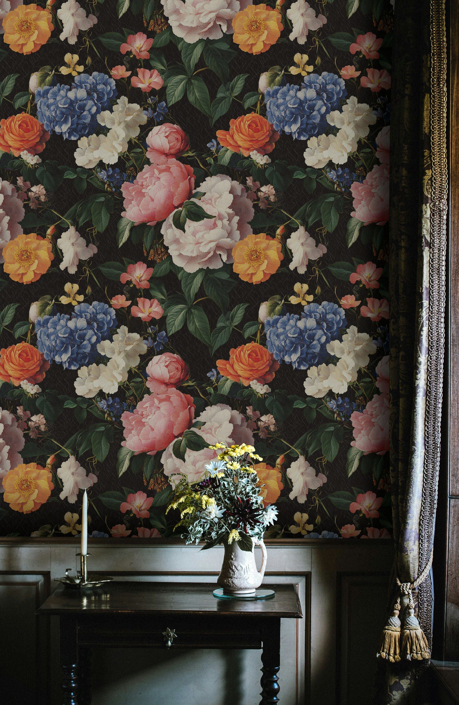 Bold Black Multicolor Floral Bouquet Wallpaper