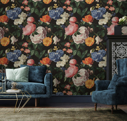 Bold Black Multicolor Floral Bouquet Wallpaper