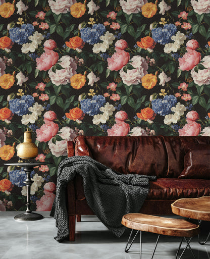 Bold Black Multicolor Floral Bouquet Wallpaper