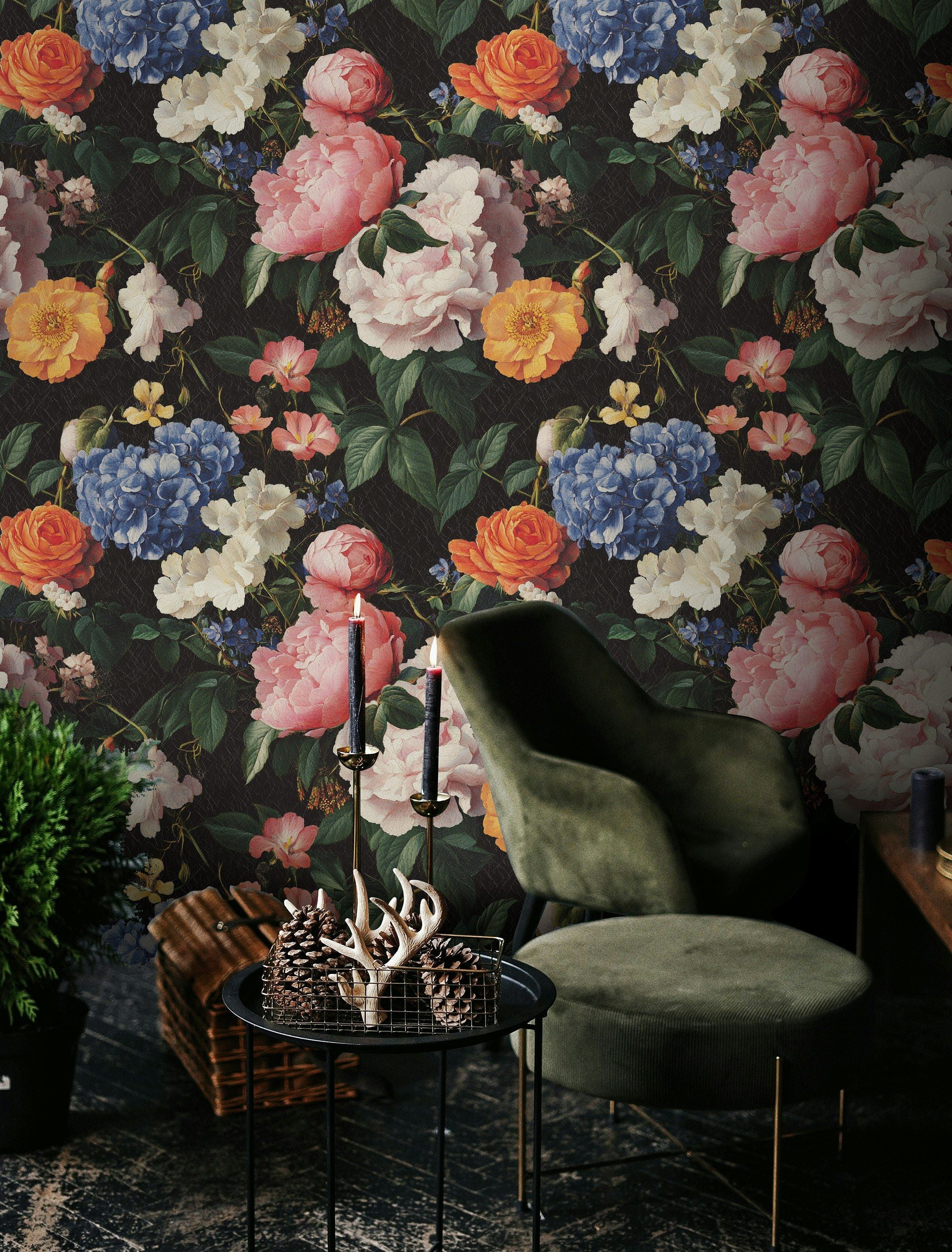 Bold Black Multicolor Floral Bouquet Wallpaper