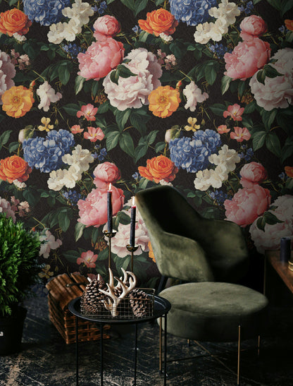 Bold Black Multicolor Floral Bouquet Wallpaper