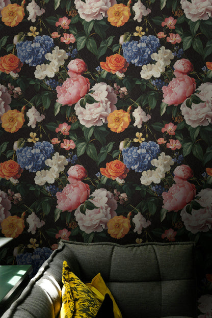 Bold Black Multicolor Floral Bouquet Wallpaper