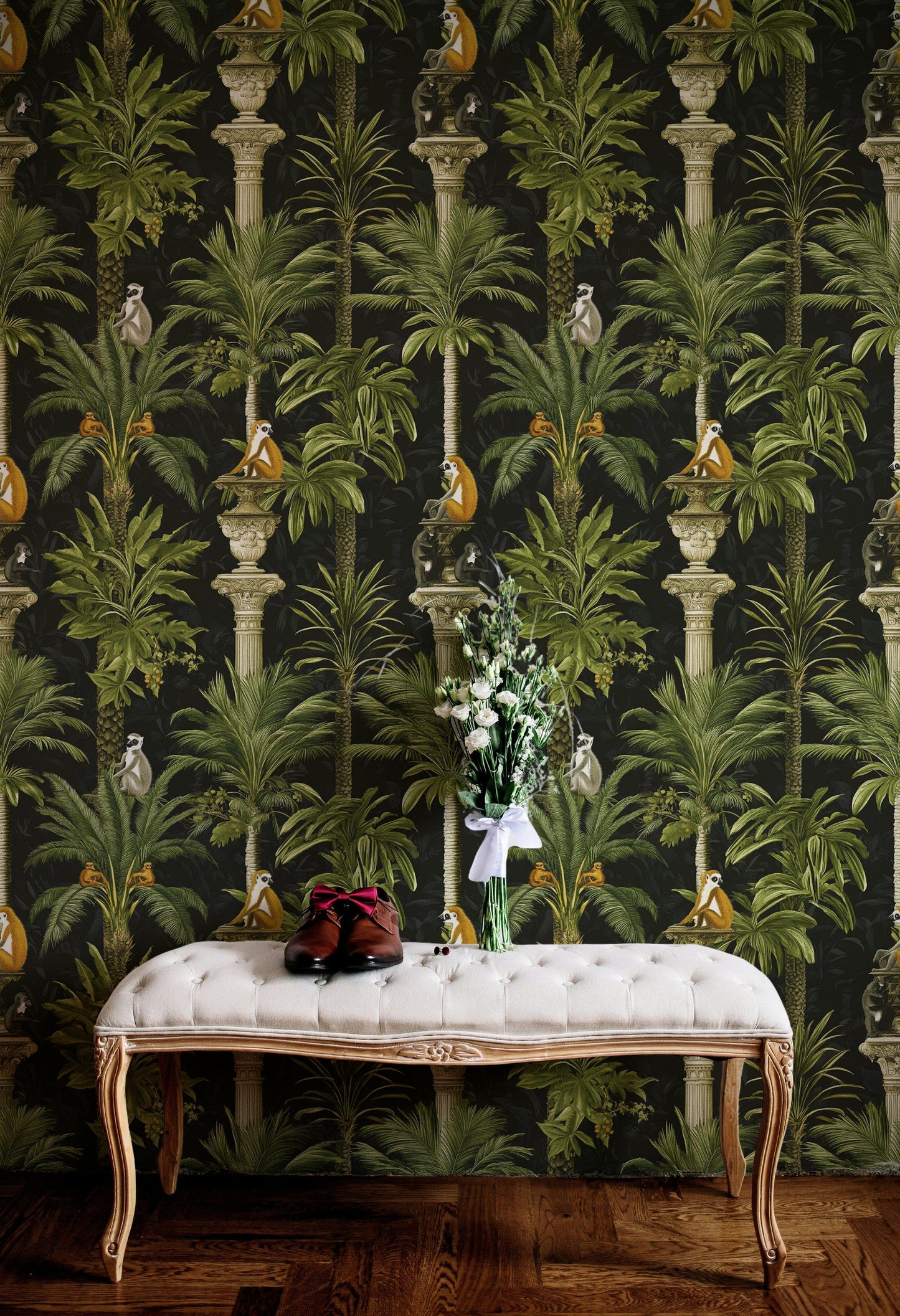 Tropical Lemur Jungle Wallpaper Ornate Greenery Wall Mural