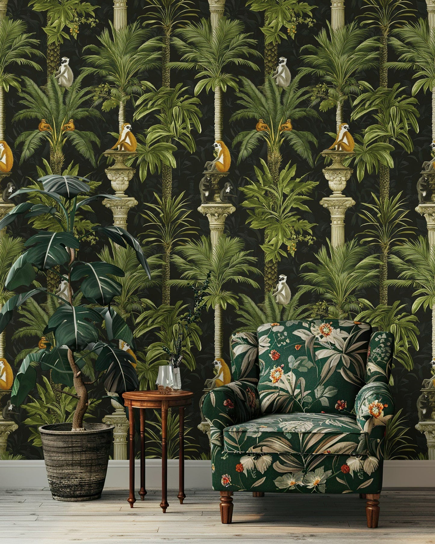 Tropical Lemur Jungle Wallpaper Ornate Greenery Wall Mural