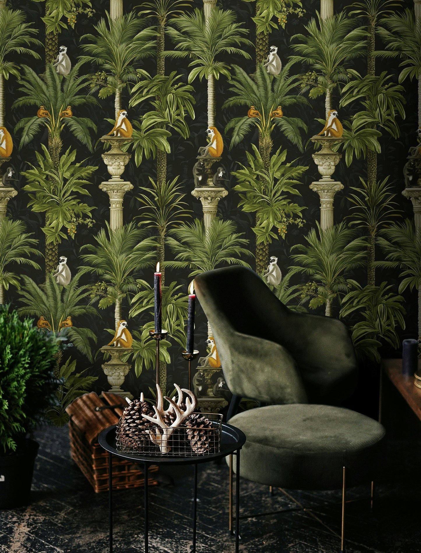 Tropical Lemur Jungle Wallpaper Ornate Greenery Wall Mural