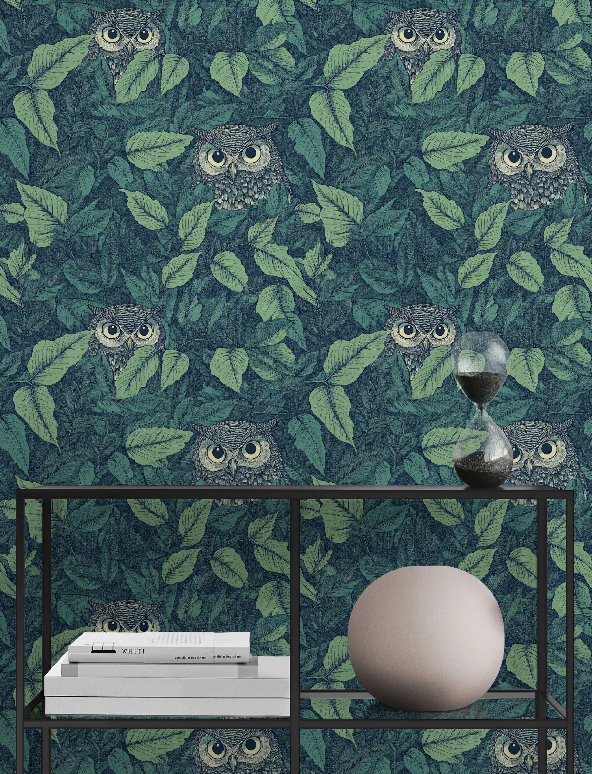 Green Foliage with Hidden Owls Wallpaper