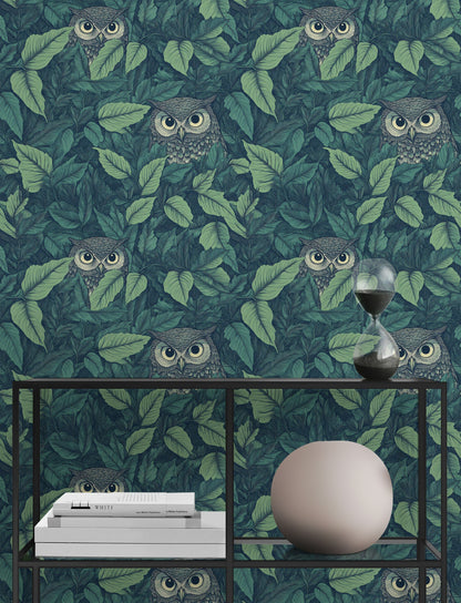 Green Foliage with Hidden Owls Wallpaper