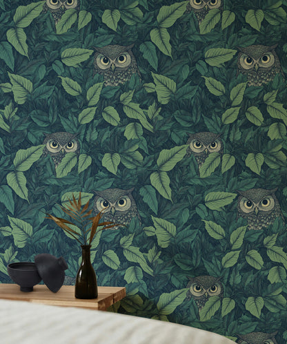 Green Foliage with Hidden Owls Wallpaper