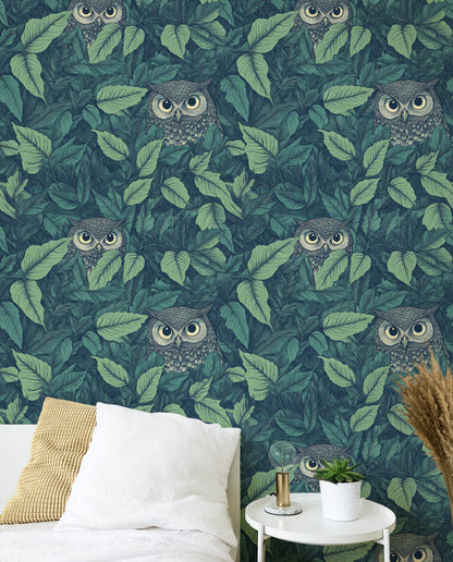 Green Foliage with Hidden Owls Wallpaper