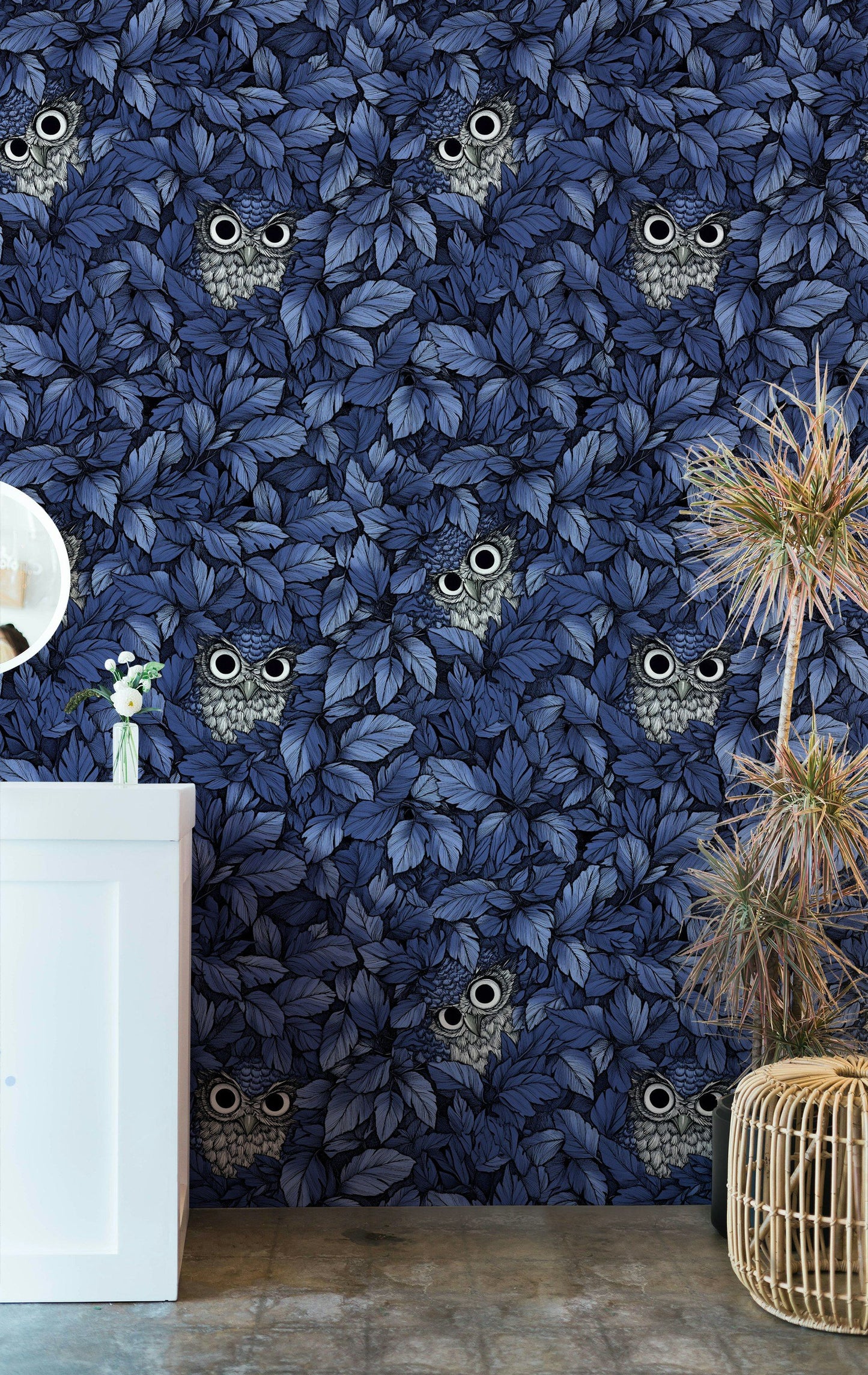 Dark Blue Owl and Leaf Pattern Wallpaper