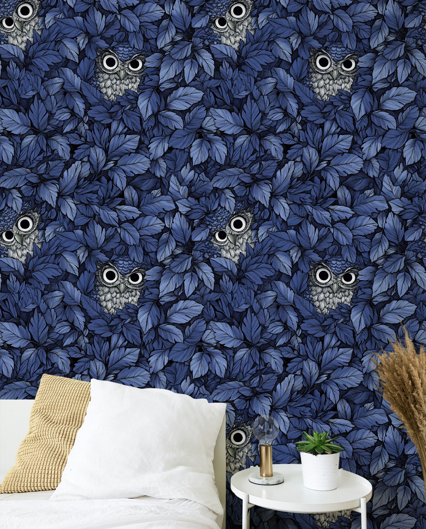 Dark Blue Owl and Leaf Pattern Wallpaper