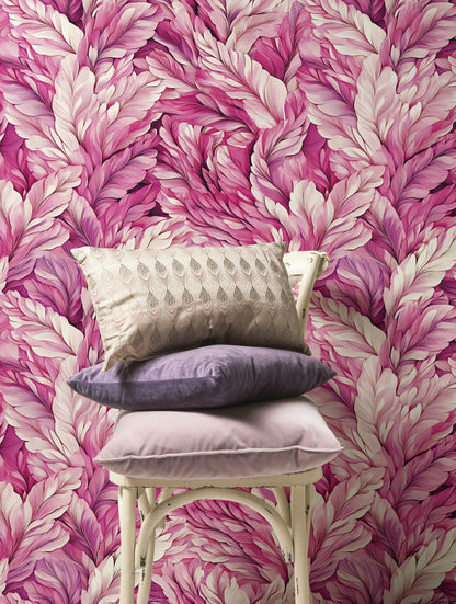 Vibrant Pink Feathered Leaf Pattern Wallpaper