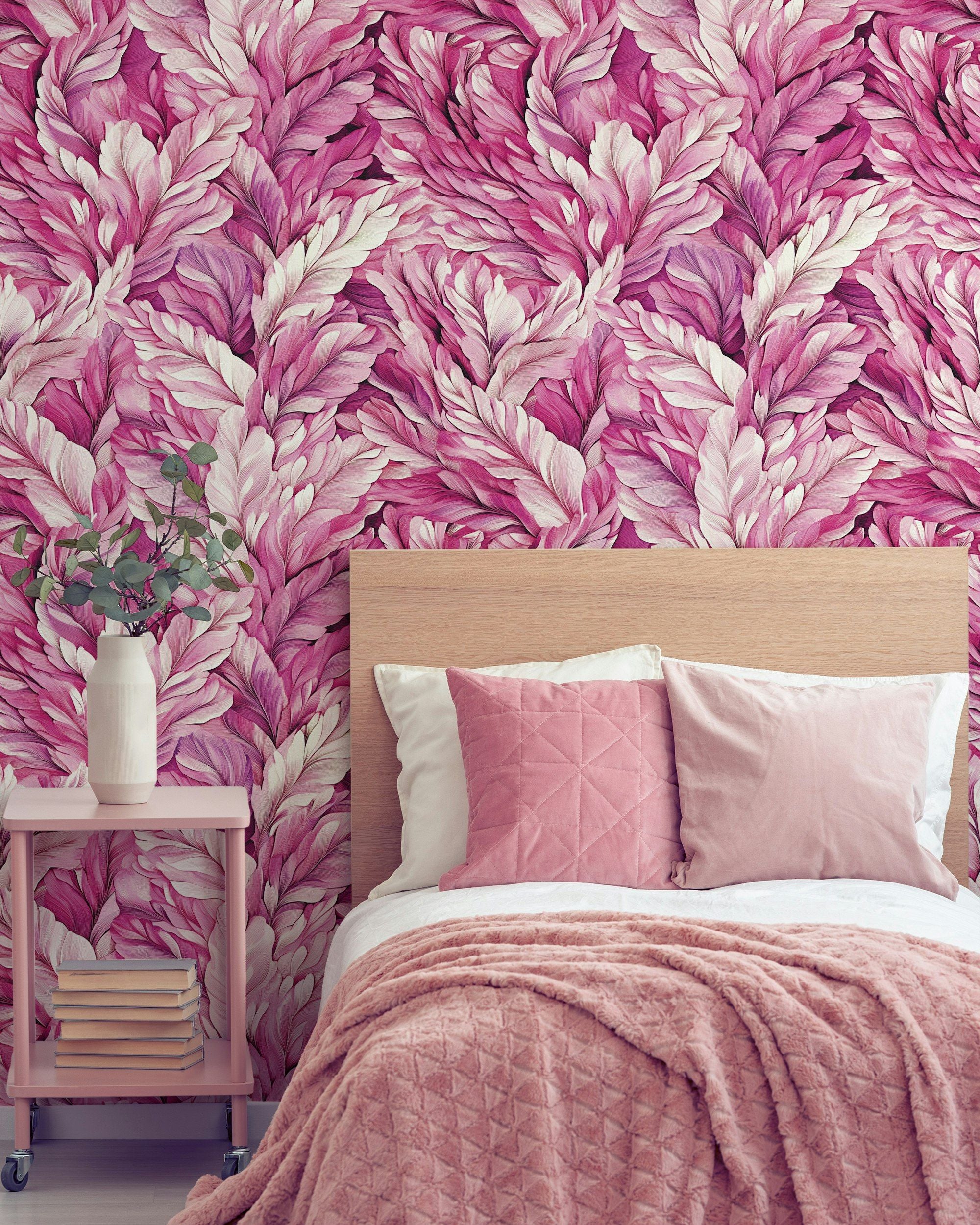 Vibrant Pink Feathered Leaf Pattern Wallpaper