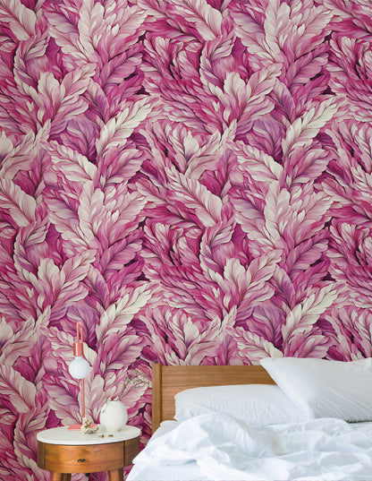 Vibrant Pink Feathered Leaf Pattern Wallpaper