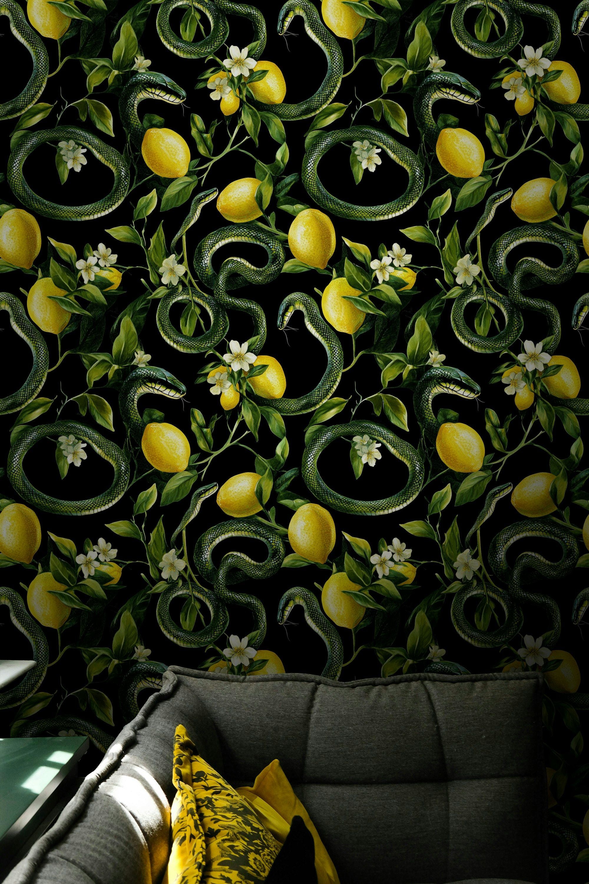 Black and Yellow Snake Botanical Pattern Wallpaper