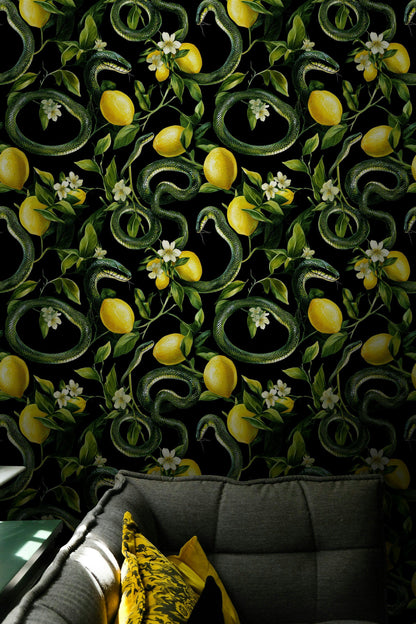 Black and Yellow Snake Botanical Pattern Wallpaper