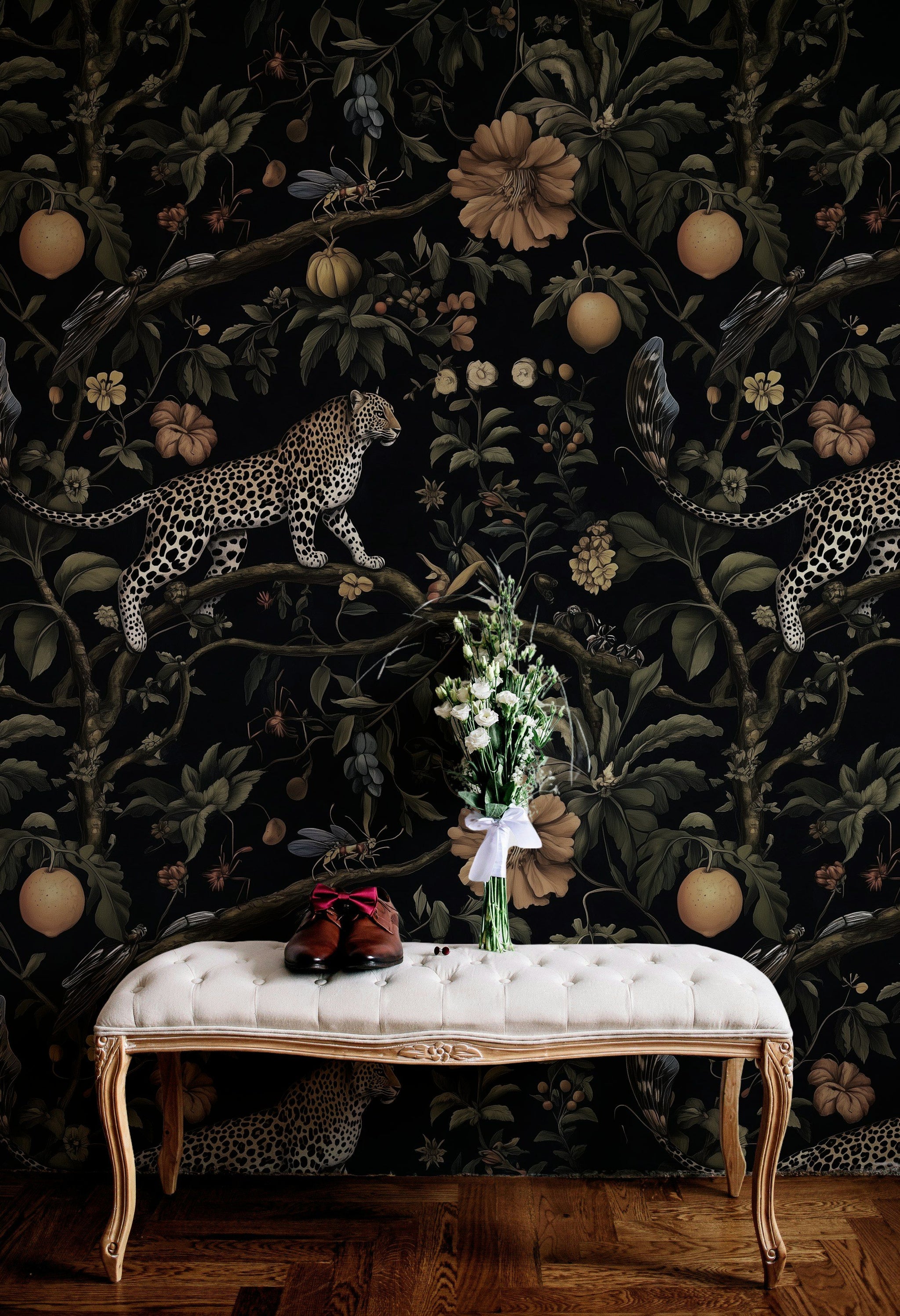 Dark Jungle Leopard Botanical Wallpaper