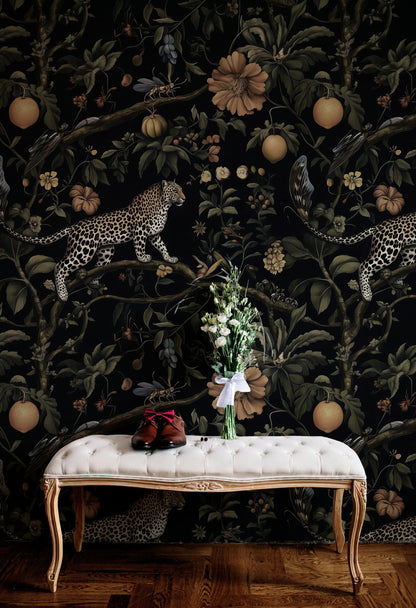 Dark Jungle Leopard Botanical Wallpaper