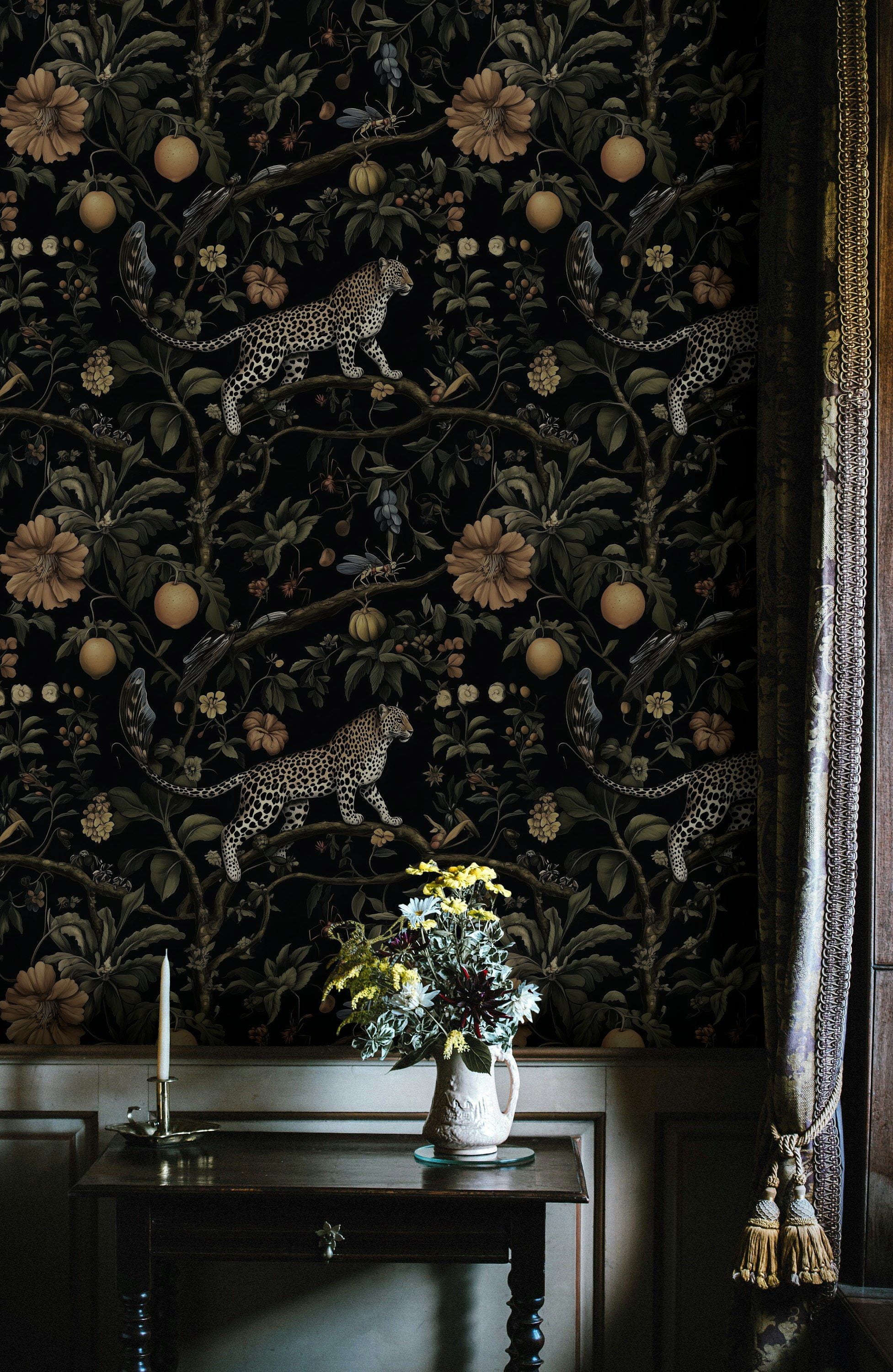 Dark Jungle Leopard Botanical Wallpaper