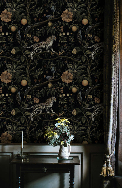Dark Jungle Leopard Botanical Wallpaper