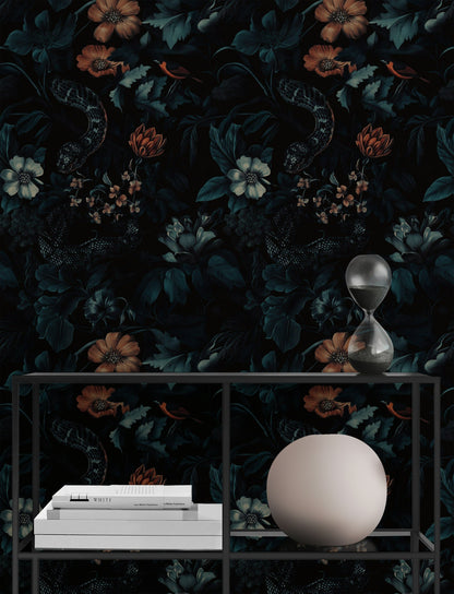 Dark Verdant Wildlife and Vintage Floral Wallpaper