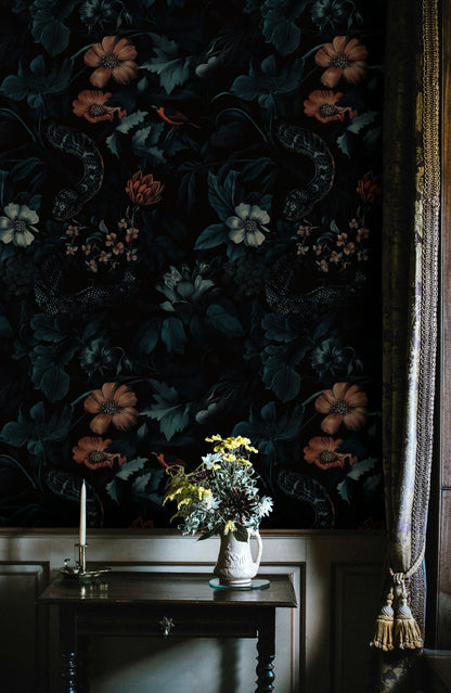 Dark Verdant Wildlife and Vintage Floral Wallpaper