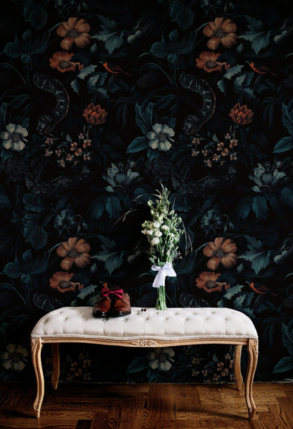Dark Verdant Wildlife and Vintage Floral Wallpaper