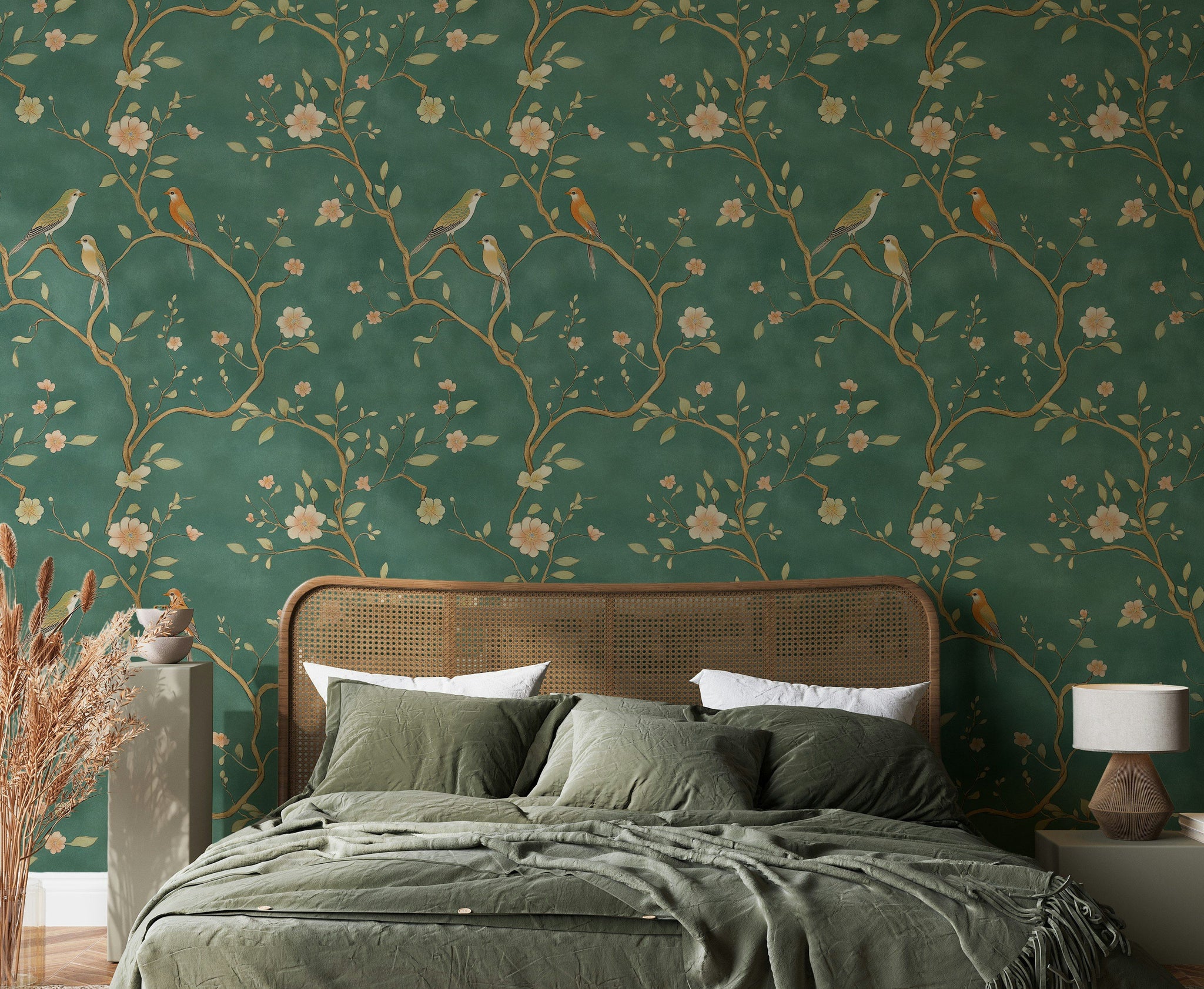Emerald Green Cherry Blossom And Bird Pattern Wallpaper