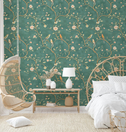Emerald Green Cherry Blossom And Bird Pattern Wallpaper