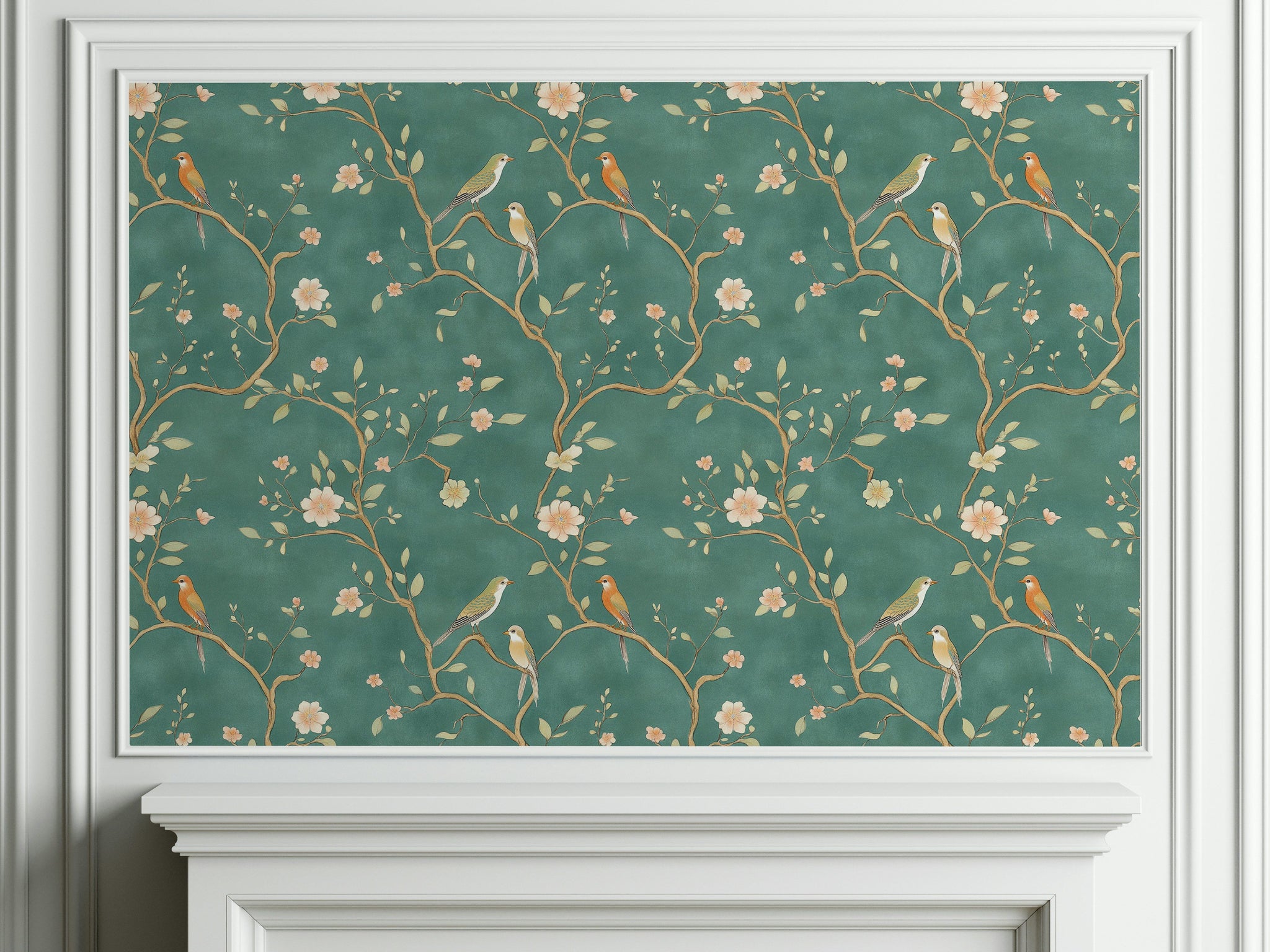Emerald Green Cherry Blossom And Bird Pattern Wallpaper