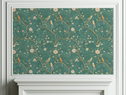 Emerald Green Cherry Blossom And Bird Pattern Wallpaper
