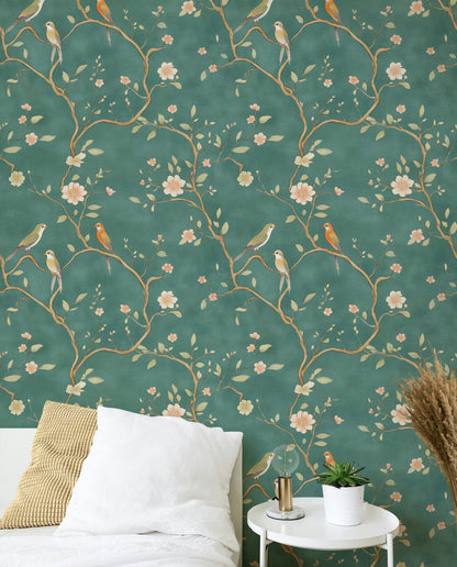 Emerald Green Cherry Blossom And Bird Pattern Wallpaper