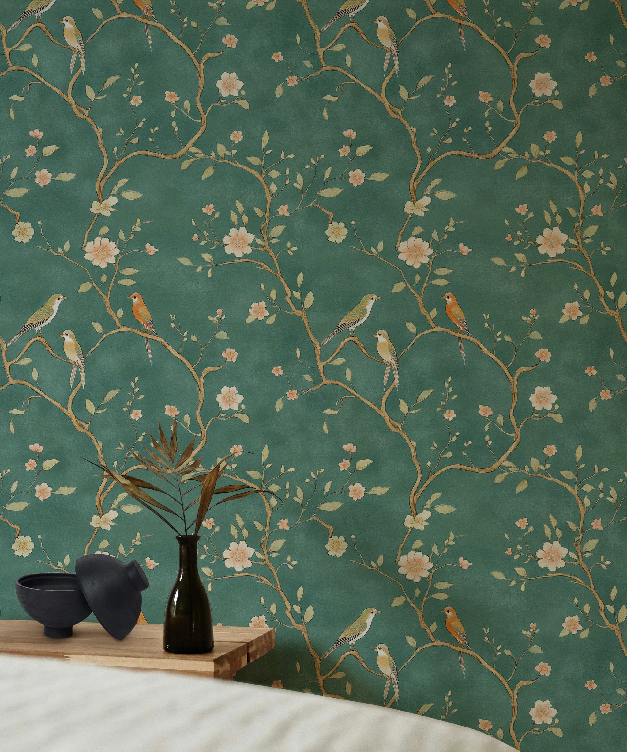 Emerald Green Cherry Blossom And Bird Pattern Wallpaper
