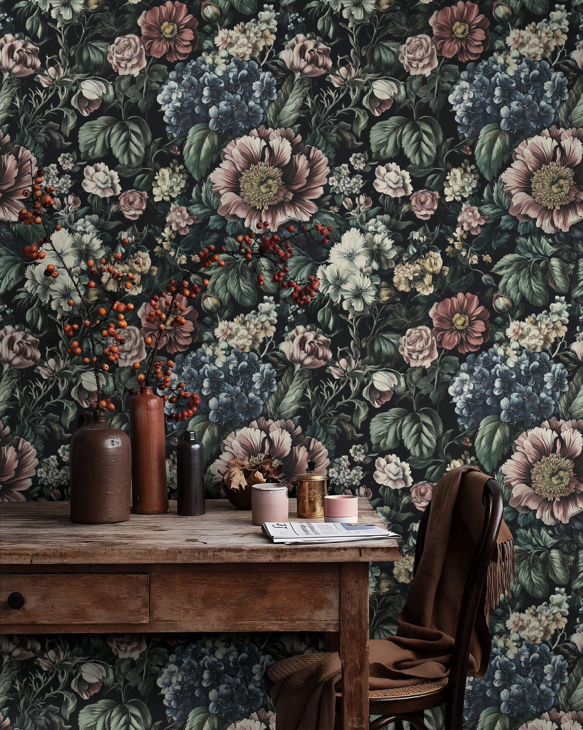 Dark Vintage Multicolor Floral Wallpaper
