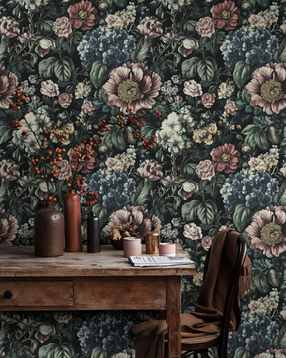 Dark Vintage Multicolor Floral Wallpaper