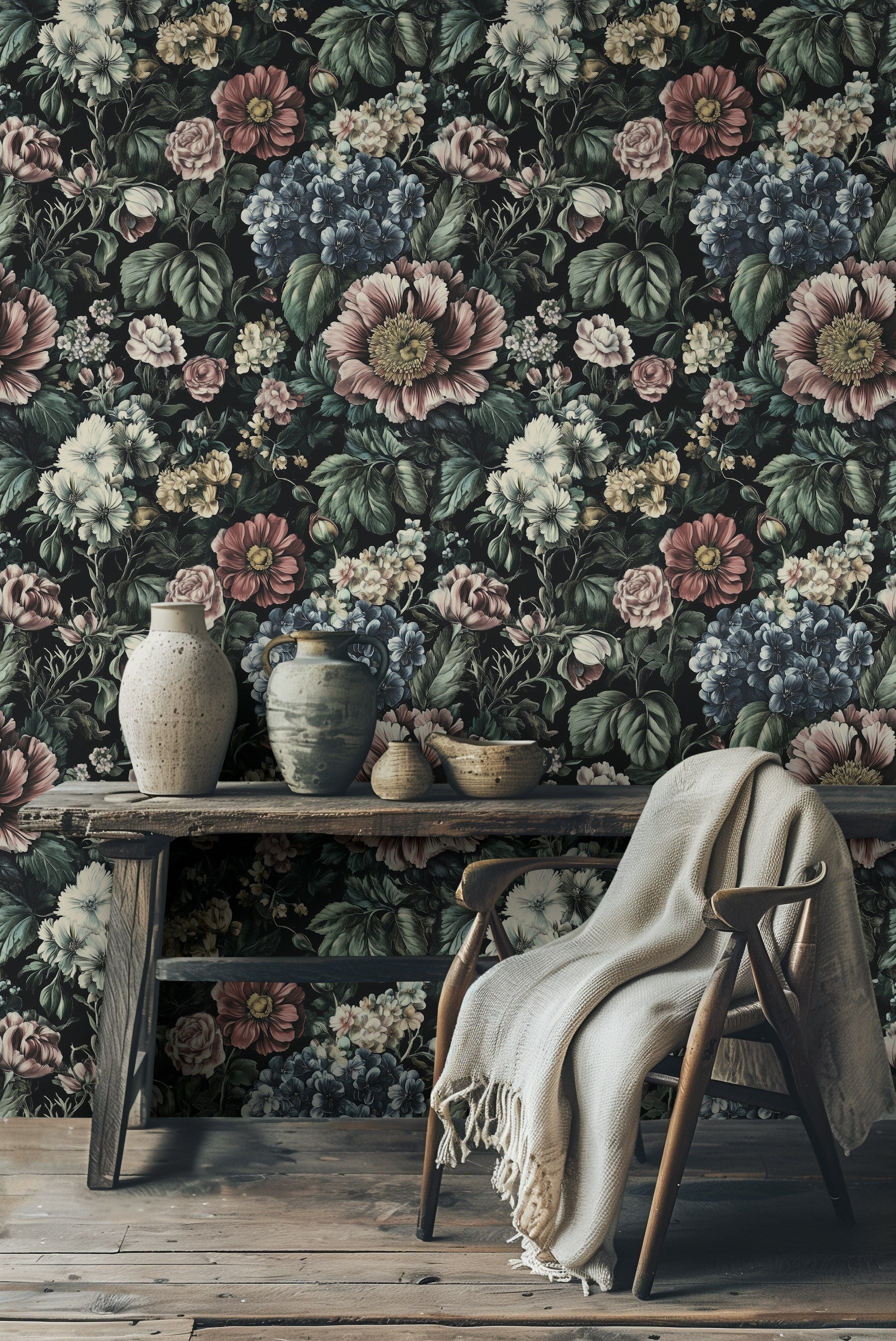 Dark Vintage Multicolor Floral Wallpaper