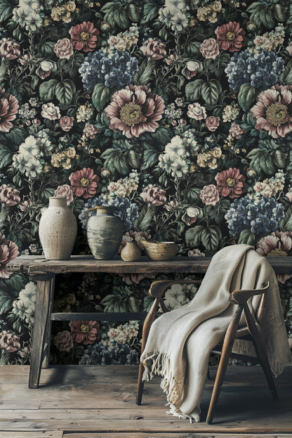 Dark Vintage Multicolor Floral Wallpaper