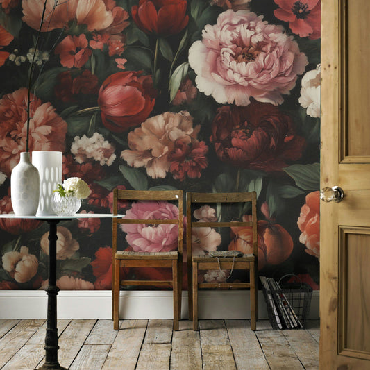 Dutch Floral Wallpaper Red Peony Vintage Flower Wall Mural