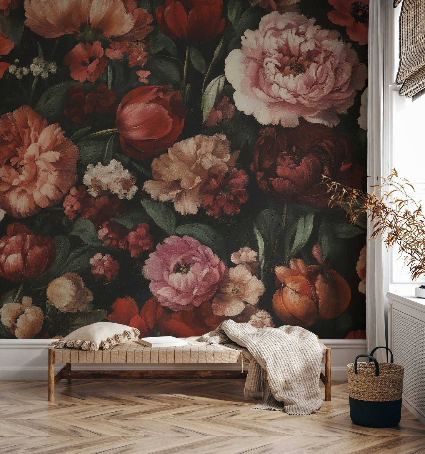 Dutch Floral Wallpaper Red Peony Vintage Flower Wall Mural