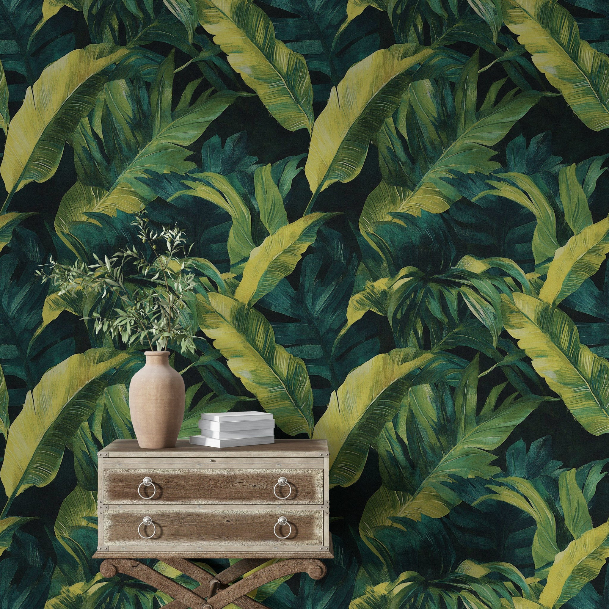 Deep Jungle Green Tropical Leaf Wallpaper