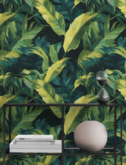 Deep Jungle Green Tropical Leaf Wallpaper