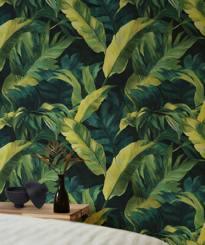 Deep Jungle Green Tropical Leaf Wallpaper